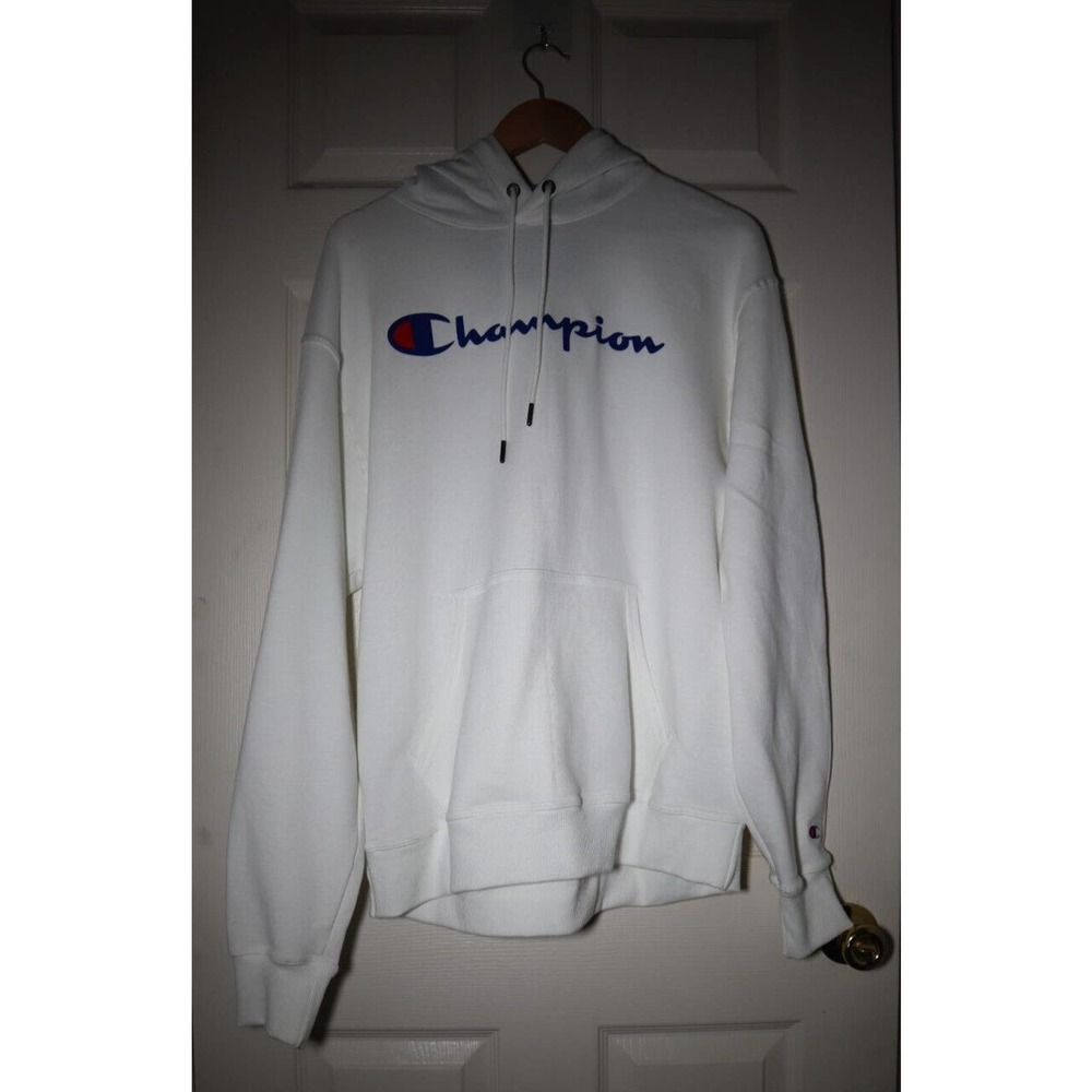 CHAMPION Powerblend Script Logo Pullover Hoodie Size L Brand New Comfort White